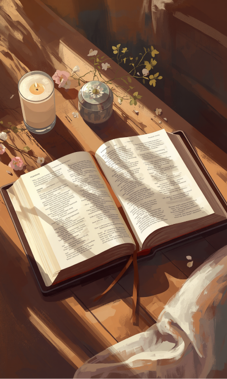 Open Bible beside a candle on a wooden table